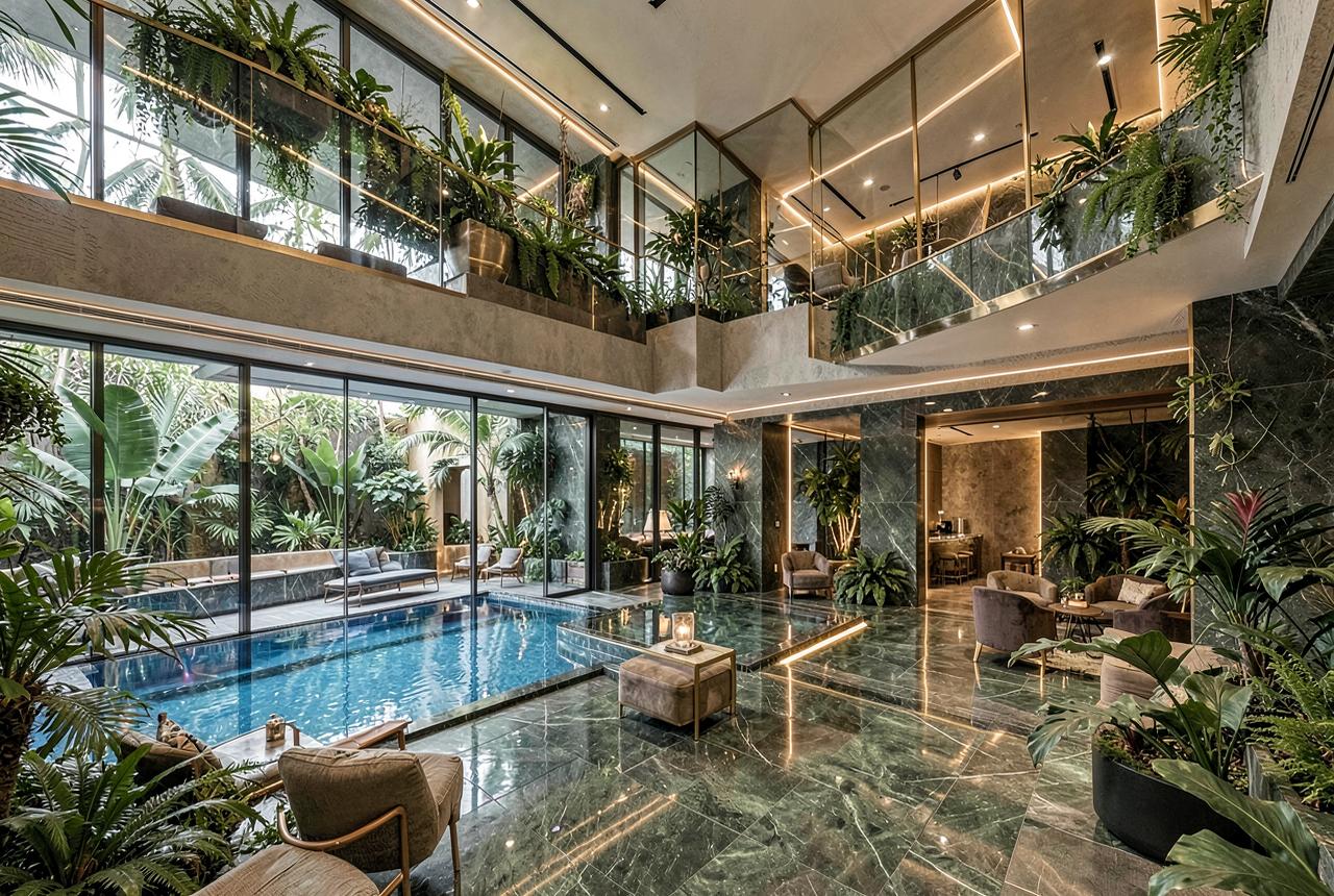 Multi-level designer clubhouse interior with pool and indoor greenery